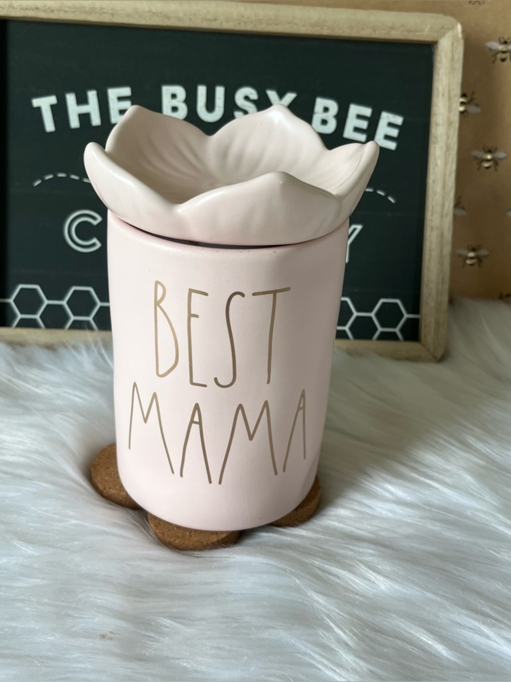Rae Dunn BEST MAMA Farmhouse Home Decor Ceramic Candle With Flower lid